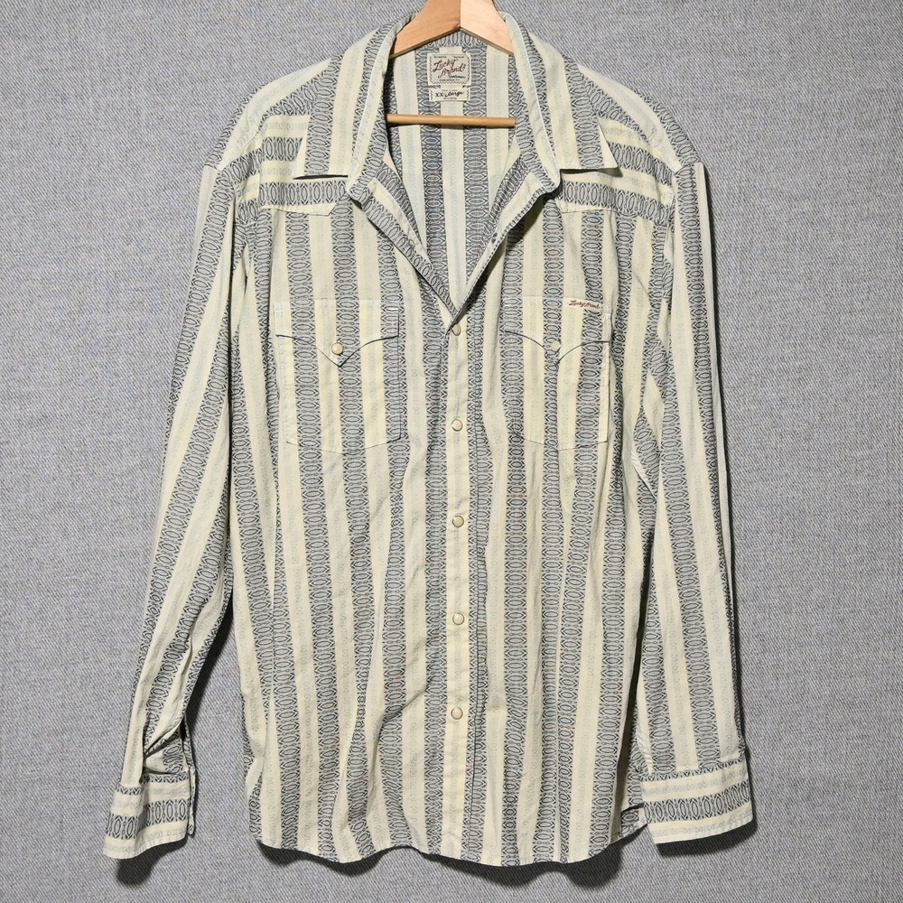 Lucky Brand Western Snap Shirt Mens XXL Striped Pearl Snap India Cream Blue